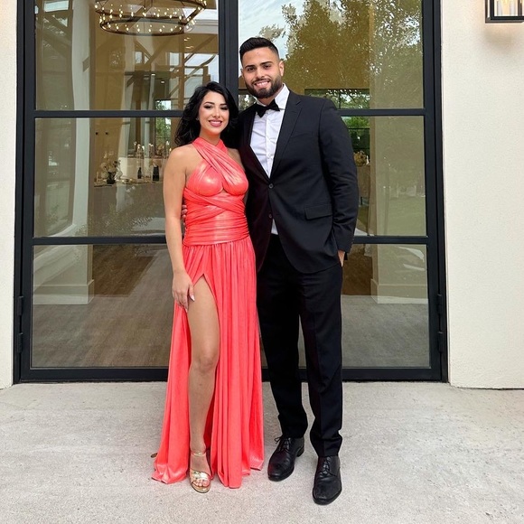 Bronx and Banco Florence Halterneck Metallic Coral Gown - Picture 2 of 5